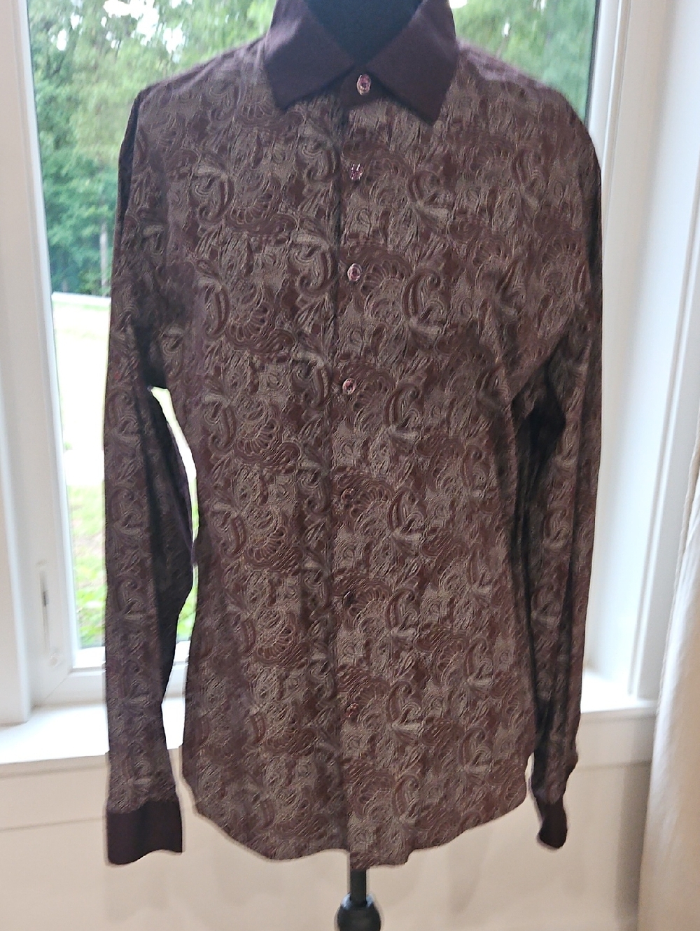 CONSEQUENCE Men's Brown Paisley Long-Sleeve Dress Shirt. Size L